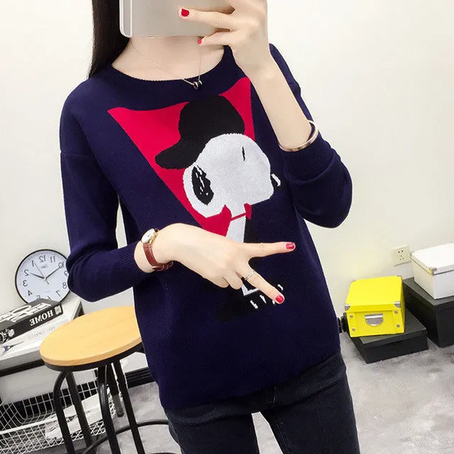 New Autumn Winter Female Carton Print Sweater Plus Size Thin Knitted Full Sleeve O-neck Pullovers Hot  71788 SM6