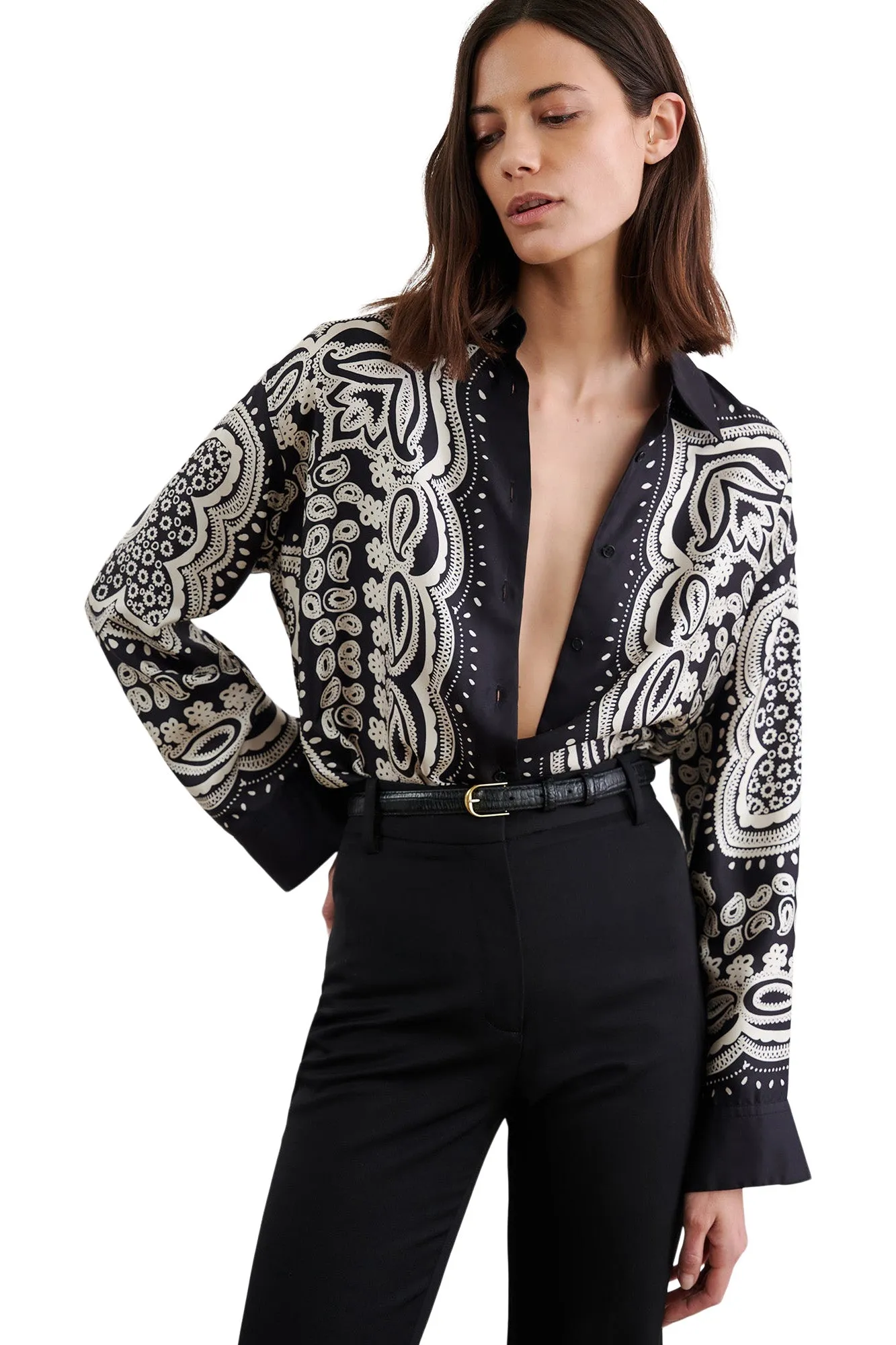 Nili Lotan Alfie Silk Shirt in Black Ivory Bandana