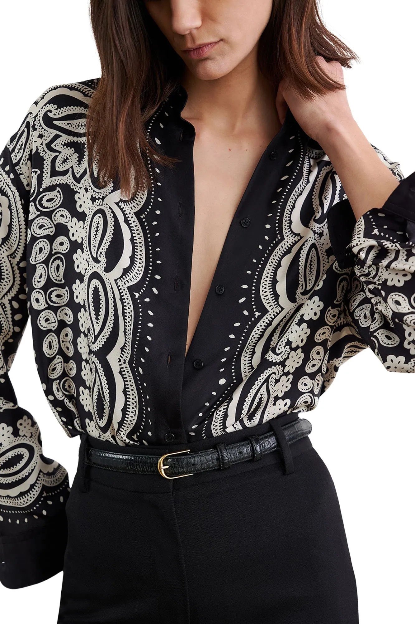 Nili Lotan Alfie Silk Shirt in Black Ivory Bandana