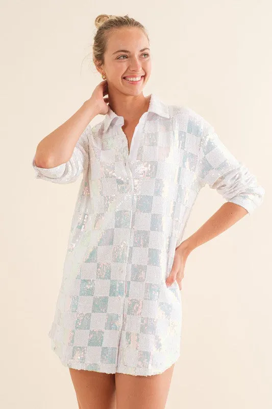 Plaid Pattern Sequin Button Down Shirt Dress