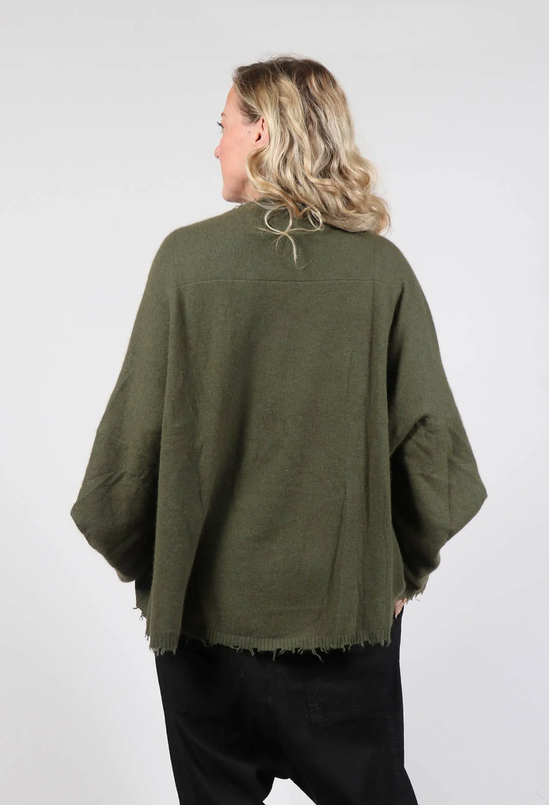 Raw Hemmed Wool Round Neck Jumper With Stitch Detailing in Olive