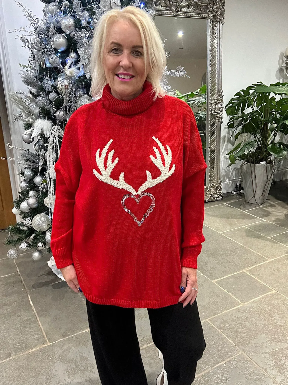 Red Heart Antler Roll Neck Jumper Dasher