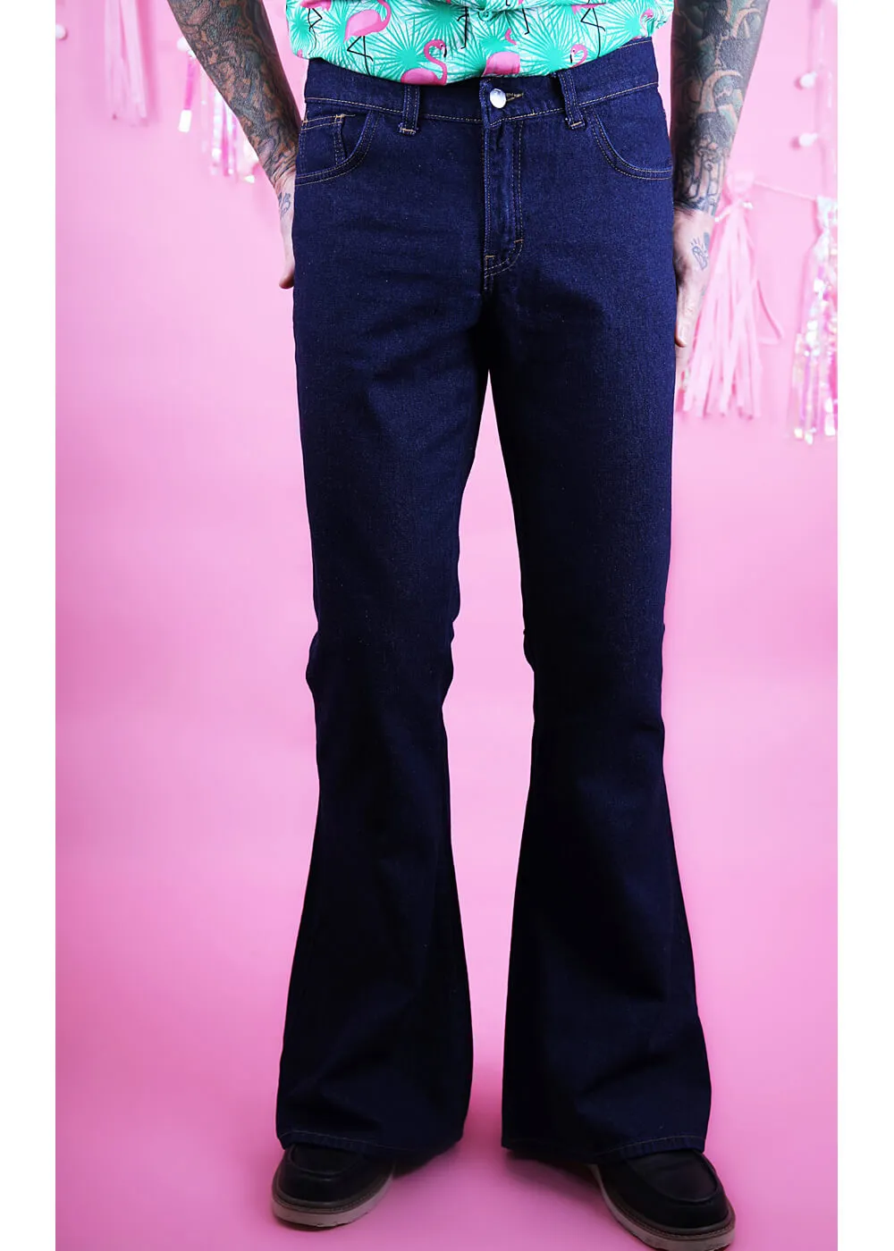 Run & Fly Mens Indigo Denim 70's Flared Trousers Blue