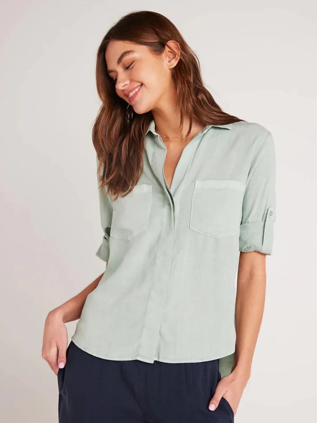 Split Back Button Down Shirt - Oasis Green