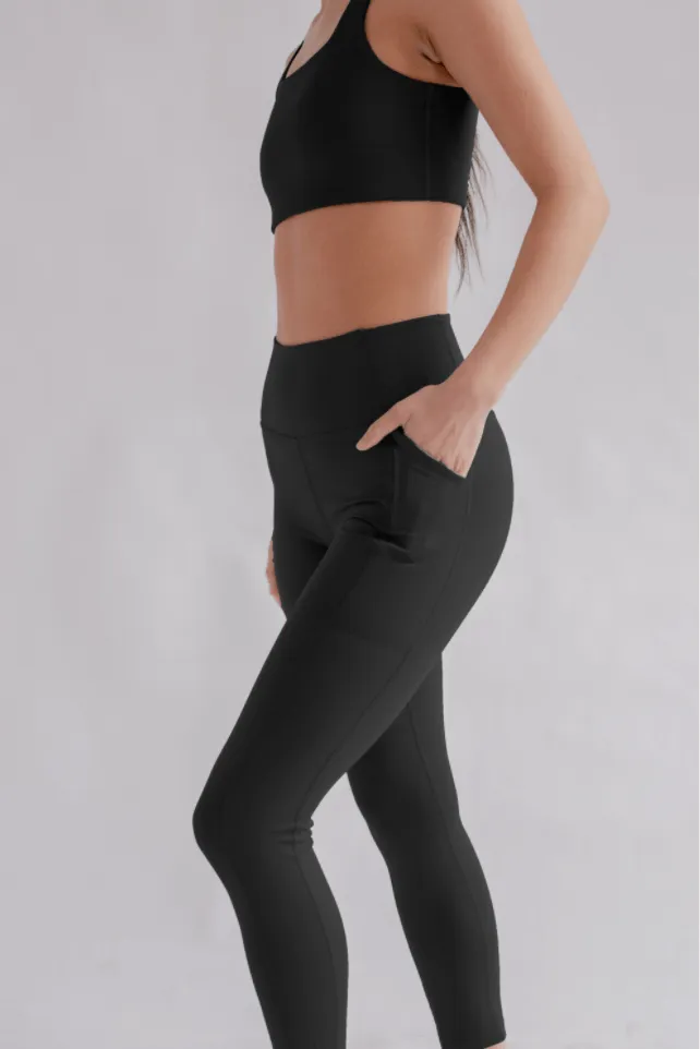 Svartar Compressive Háar Leggings me vasa