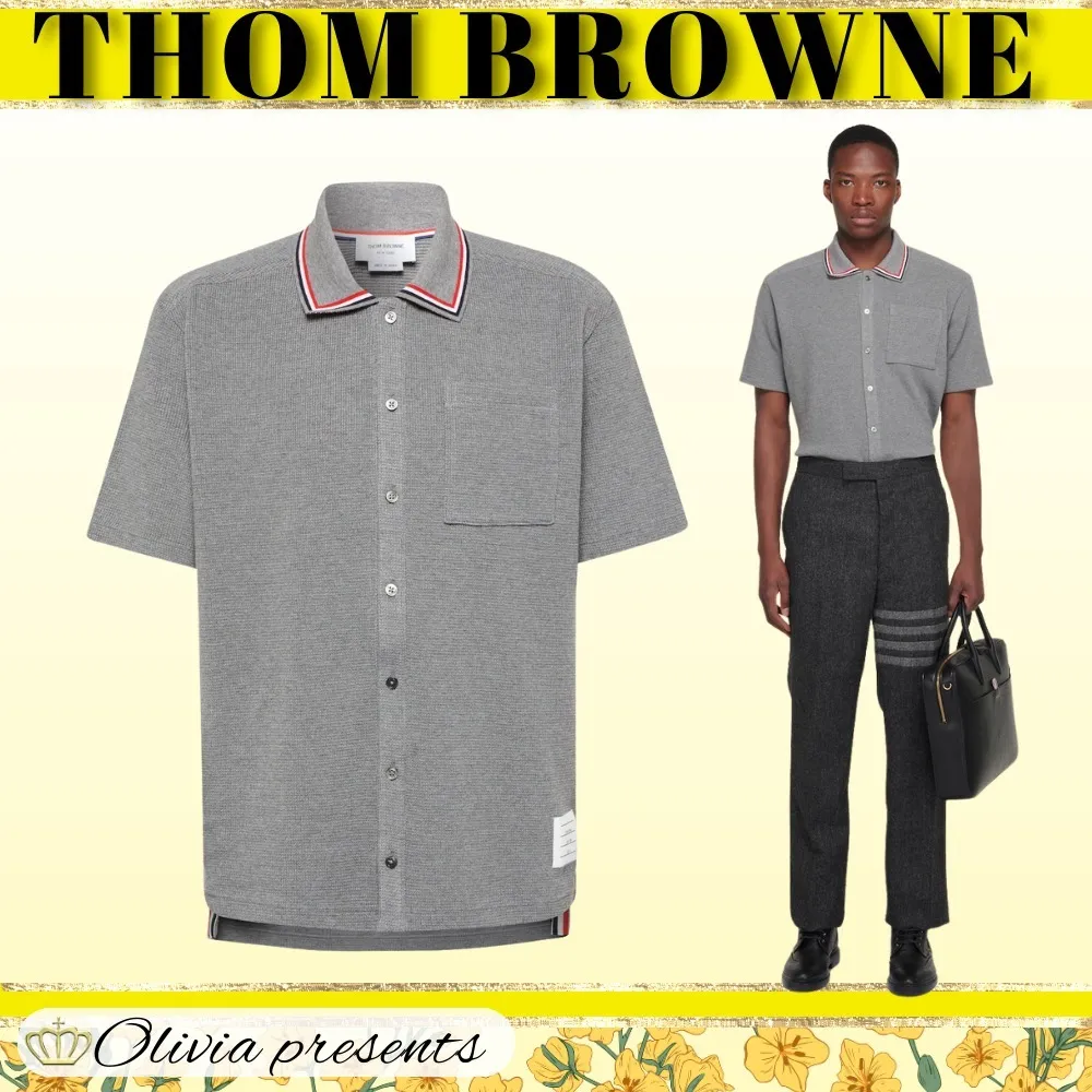 THOM BROWNE  |Pullovers Plain Cotton Short Sleeves Logo Designers Polos