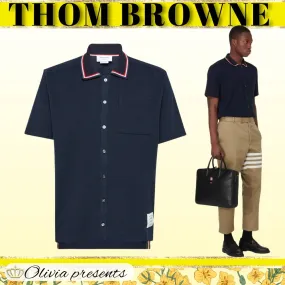 THOM BROWNE  |Pullovers Stripes Plain Cotton Short Sleeves Logo Designers