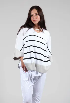 V Neck Jumper in White and Black Stripe