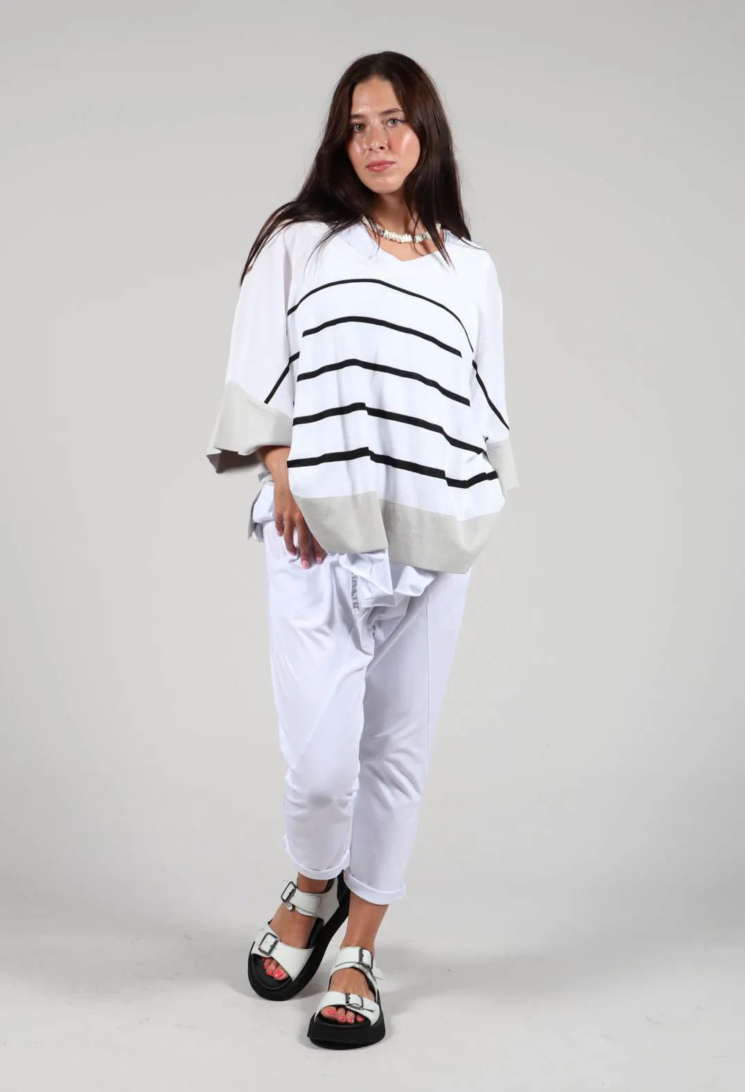 V Neck Jumper in White and Black Stripe