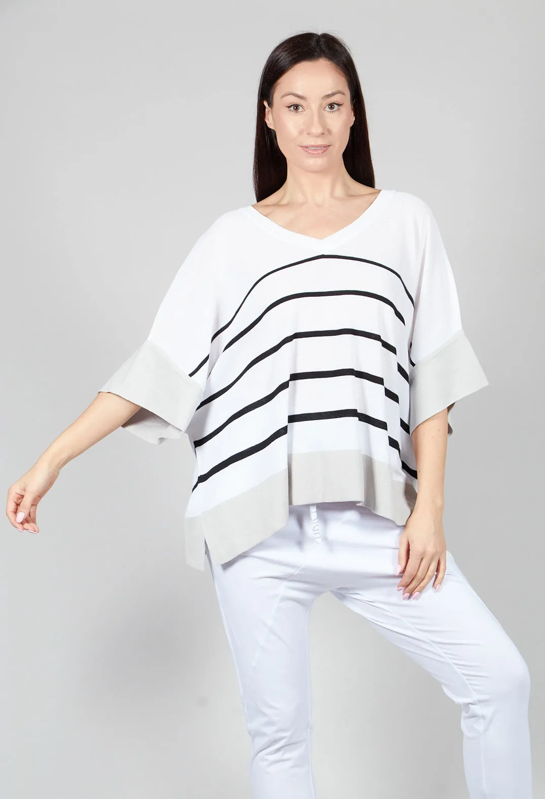 V Neck Jumper in White and Black Stripe