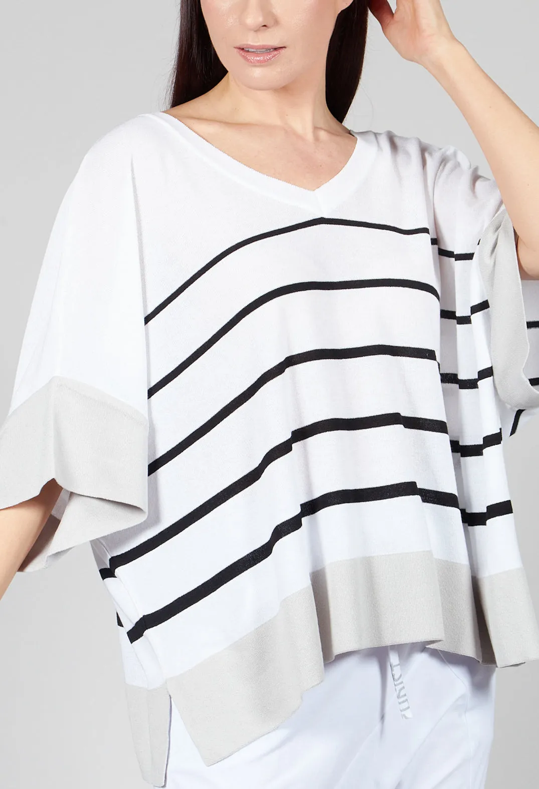 V Neck Jumper in White and Black Stripe