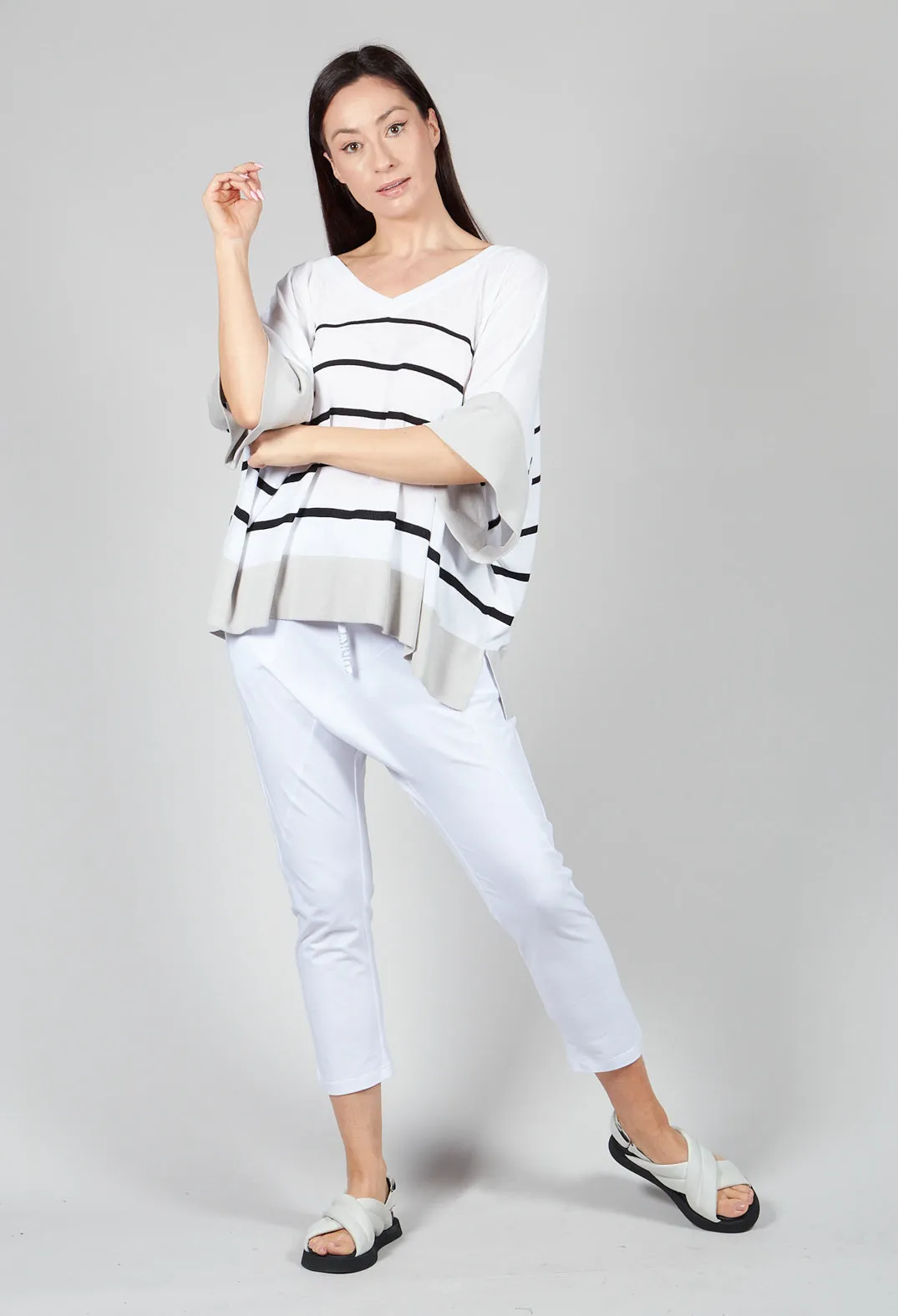 V Neck Jumper in White and Black Stripe