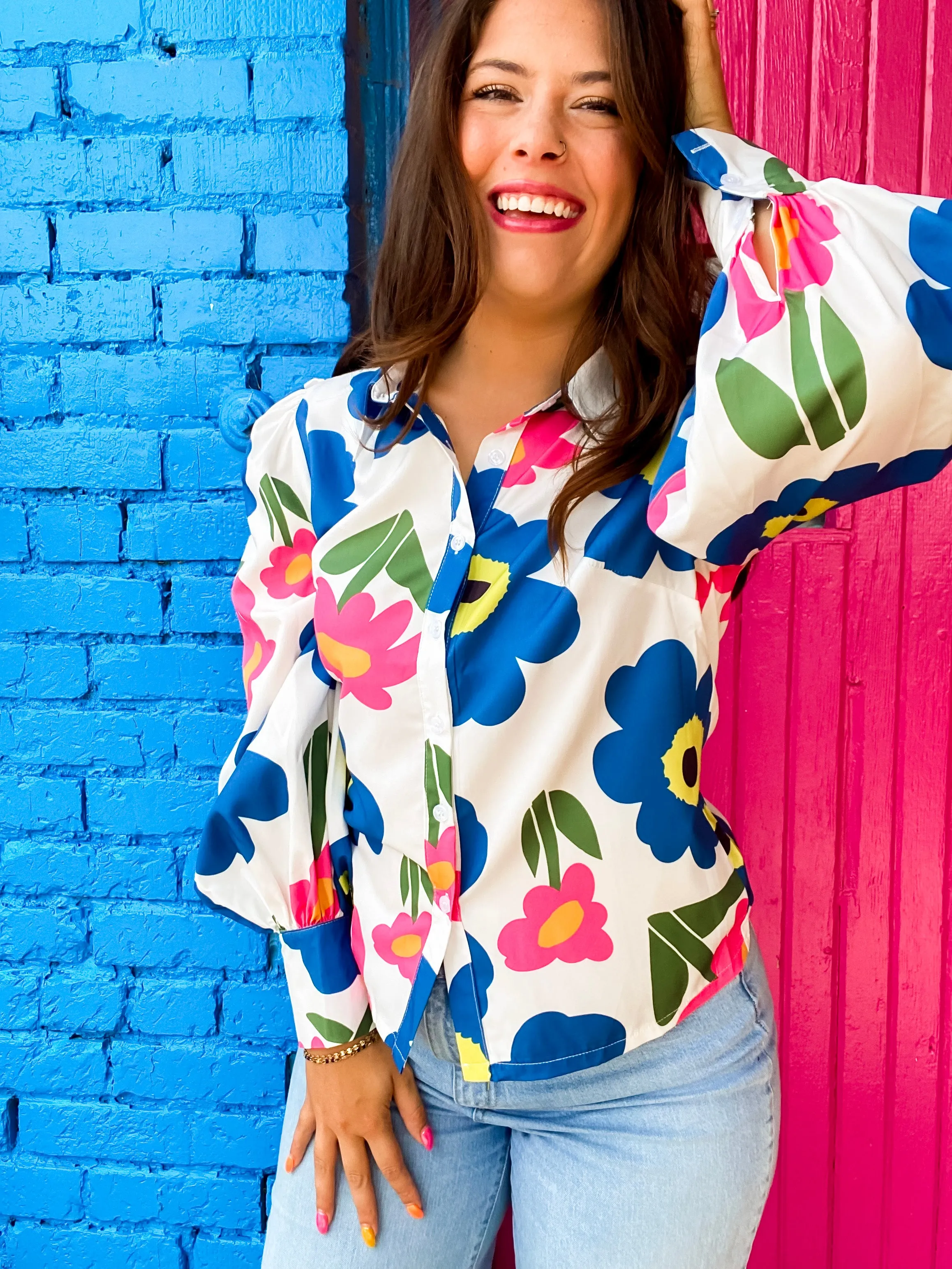 Wanda Retro Button Down- Blue and Pink