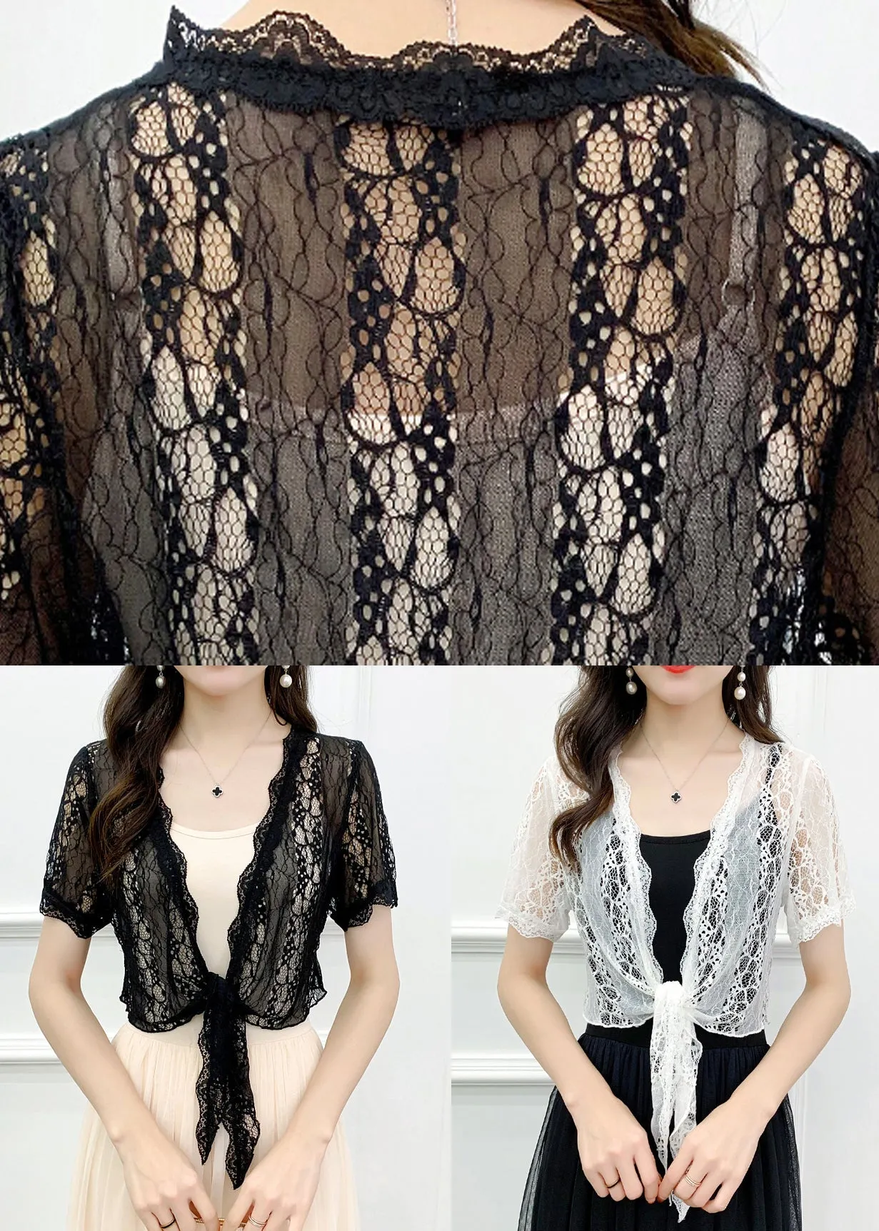 White Solid Hollow Out Lace Cardigan V Neck Short Sleeve AS1024