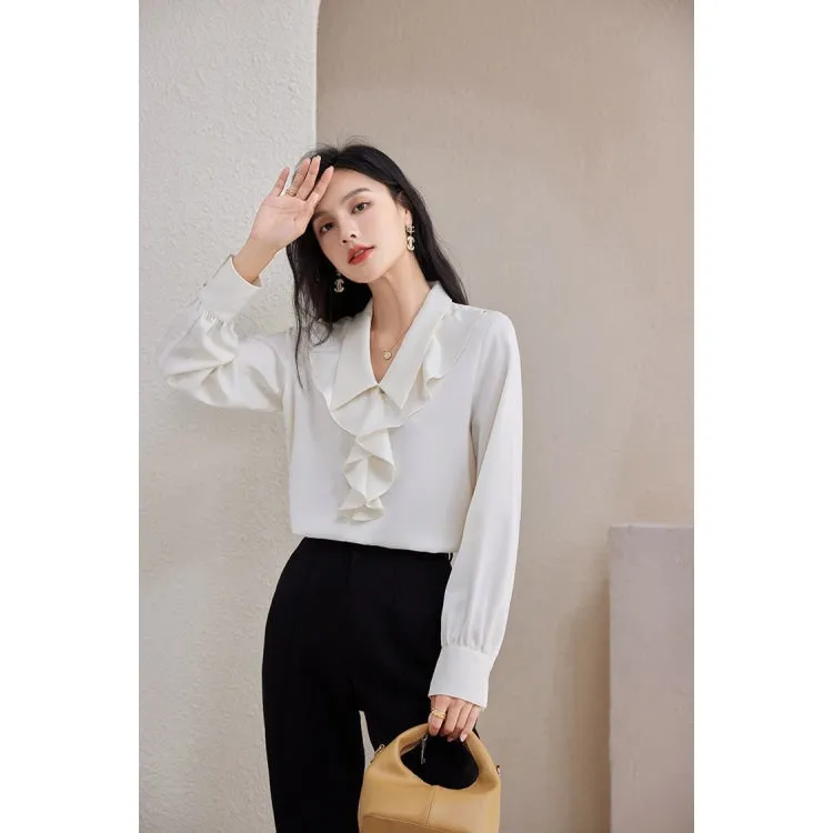 Women's Korean Elegant Office Loose Fit Chiffon Long Sleeves Blouse