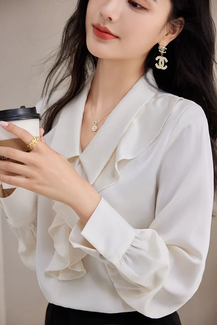 Women's Korean Elegant Office Loose Fit Chiffon Long Sleeves Blouse