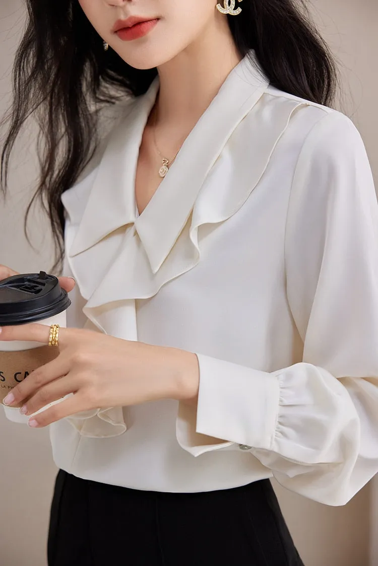 Women's Korean Elegant Office Loose Fit Chiffon Long Sleeves Blouse