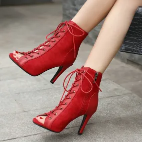 Women's Sexy Red Indoor Dance High Heel Peep Toe Zipper Ankle Boot Shoes