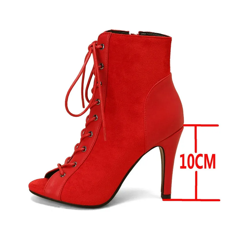 Women's Sexy Red Indoor Dance High Heel Peep Toe Zipper Ankle Boot Shoes