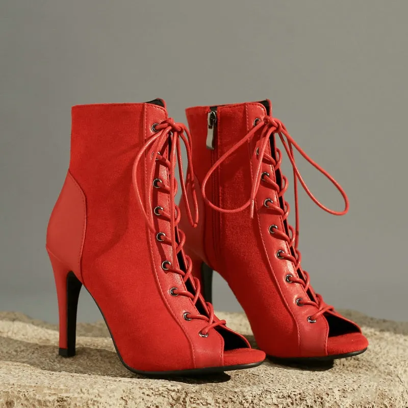 Women's Sexy Red Indoor Dance High Heel Peep Toe Zipper Ankle Boot Shoes