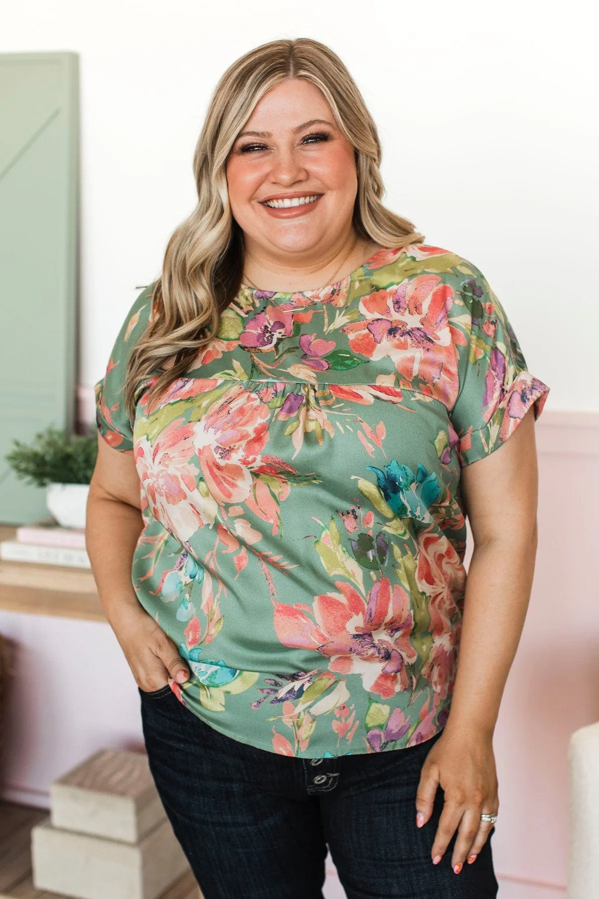 Won't Let You Down Floral Blouse- Sage